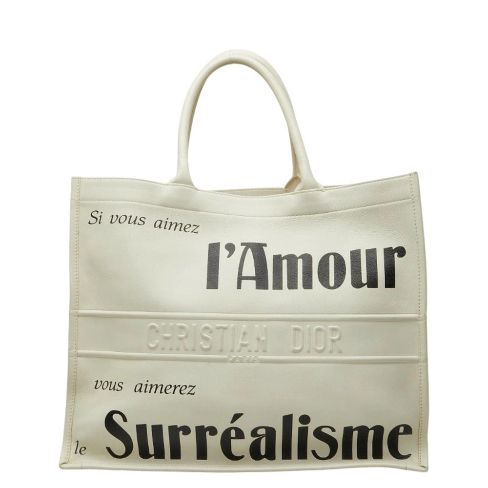 Christian Dior Book Tote Bag Handbag White Black Leather